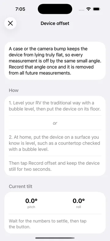 Device offset screen explaining how to record the case and camera-bump offset.