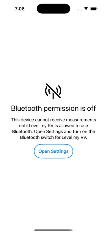 Bluetooth permission is off, with an Open Settings button.