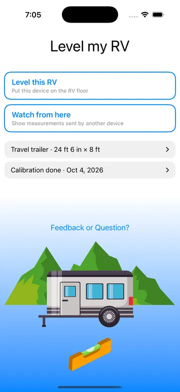 Home screen with Level this RV and Watch from here buttons, the RV summary and calibration status.