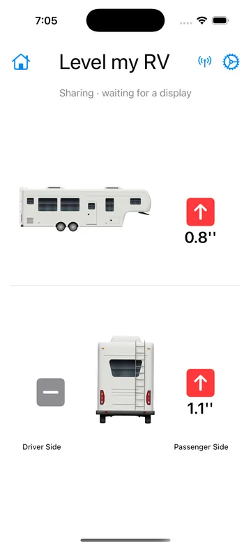 Fifth wheel level screen: raise the front jack 0.8 inches and the passenger side 1.1 inches.