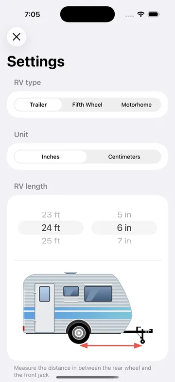Settings: RV type, unit and RV length picker with a diagram showing where to measure.