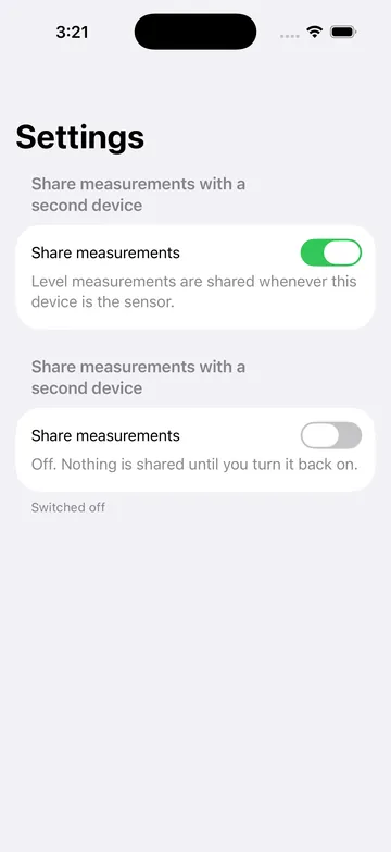 The Share measurements switch in Settings, shown on and off.