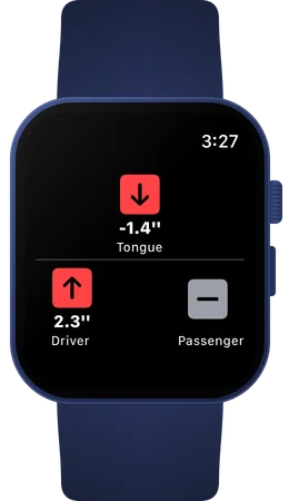 Apple Watch on a navy band showing a trailer: lower the tongue 1.4 inches and raise the driver side 2.3 inches.