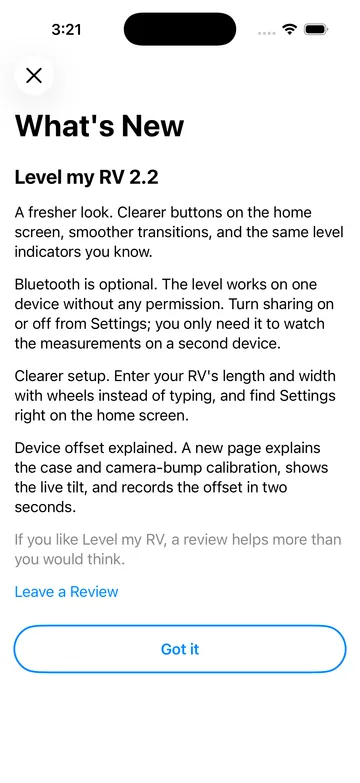 What's New sheet for Level my RV 2.2.